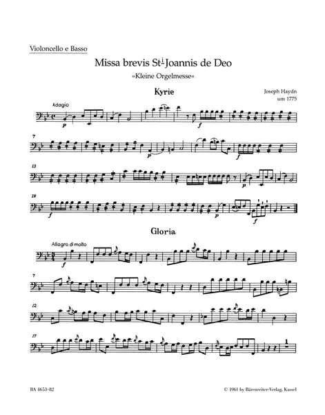 Barenreiter Haydn J. - Missa Brevis St Joannis De Deo Little Organ Mass Hob.Xxii:7 - Cello Basse