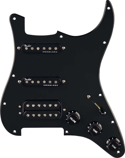 Pre-Wired Strat Pickguard Quadra Tap/Ultra Noiseless HSS Black 11 Hole PG