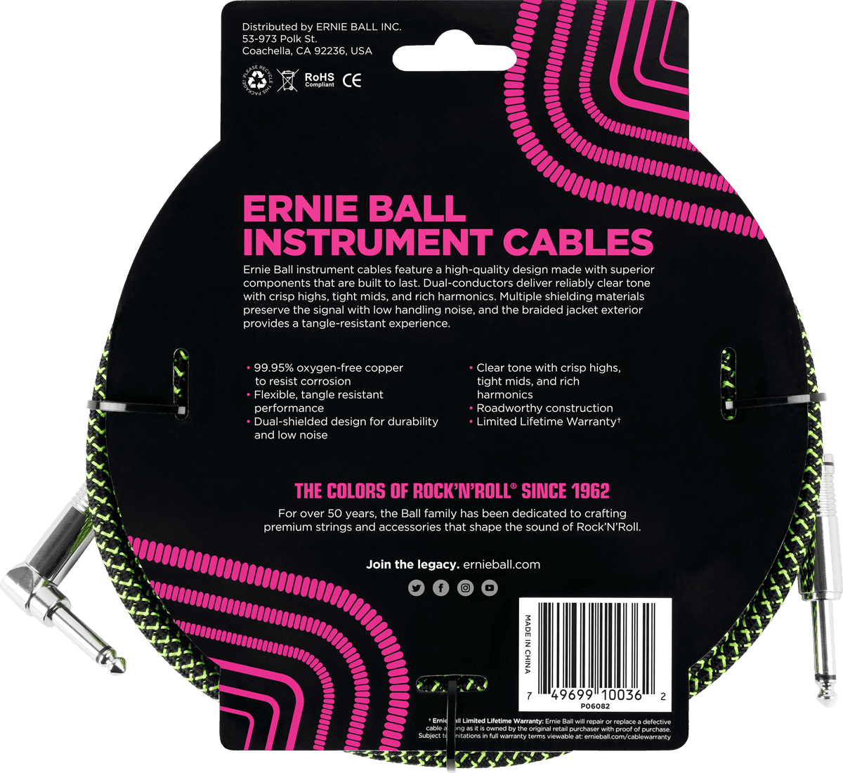 Cable Instrument Gaine Tisse Jack/jack Coudé 5,5M Noir/Vert