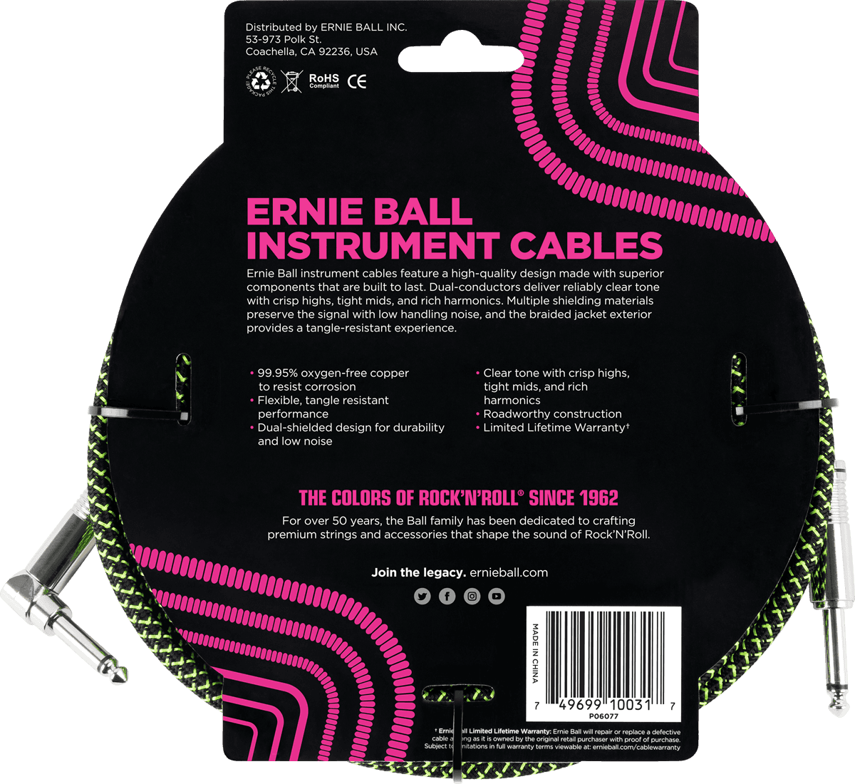 Cables Instrument Gaine Tisse Jack/jack Coudé 3M Noir/vert