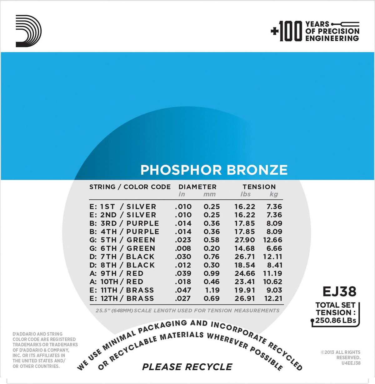 EJ38 12-STRING PHOSPHOR BRONZE ACOUSTIC GUITAR STRINGS LIGHT 10-47