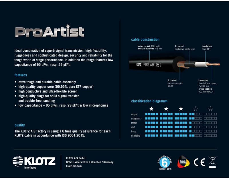 Pro Artist Instrumentkabel 3M Mono Jack - Haakse Mono Jack