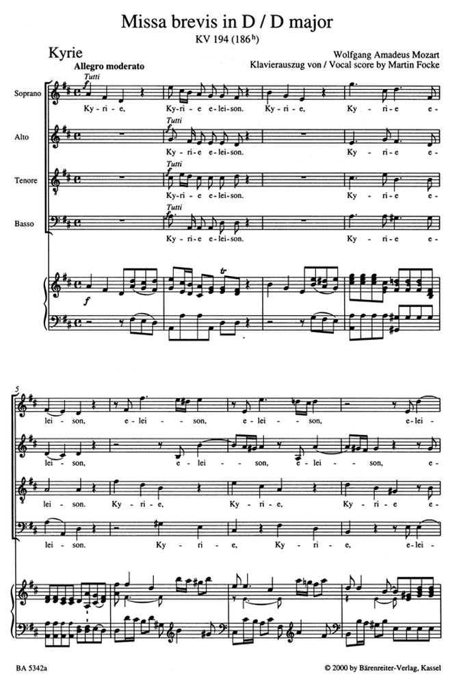 MOZART W.A. - MISSA BREVIS IN D MAJOR KV 194 - REDUCTION CHANT PIANO