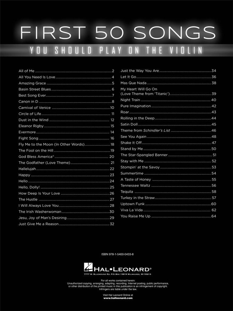 Hal Leonard First 50 Songs You Should Play On The Violin