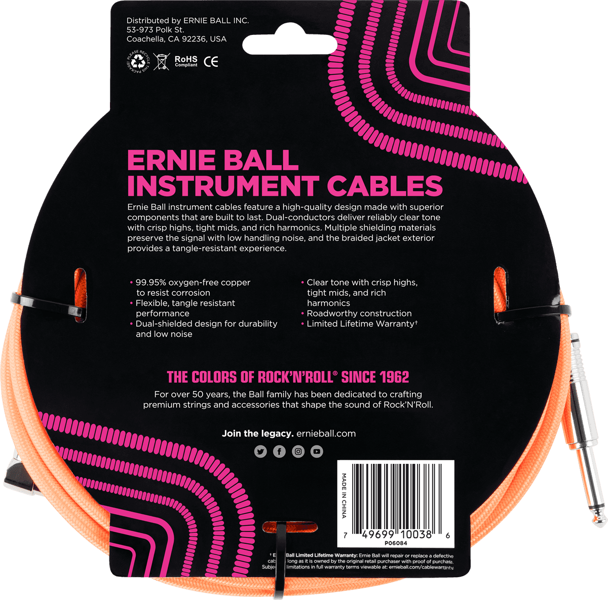 Cables Instrument Gaine Tisse Jack/jack Coudé 5,5M Orange