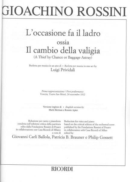ROSSINI G. - L'OCCASIONE FA IL LADRO OSSIA IL CAMBIO DELLA VALIGIA - CHANT ET PIANO