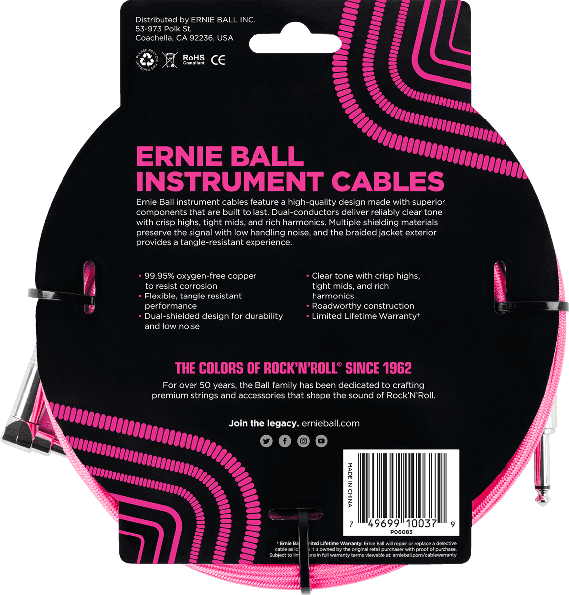 Cables Instrument Gaine Tisse Jack/jack Coudé 5,5M Rose