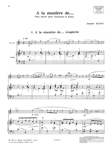 Rueff Jeanine - A La Maniere De - Clarinette Piano