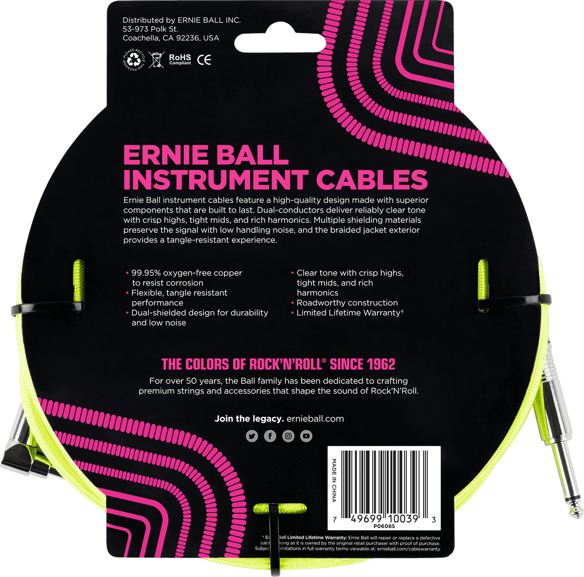 Cables Instrument Gaine Tisse Jack/jack Coudé 5,5M Jaune