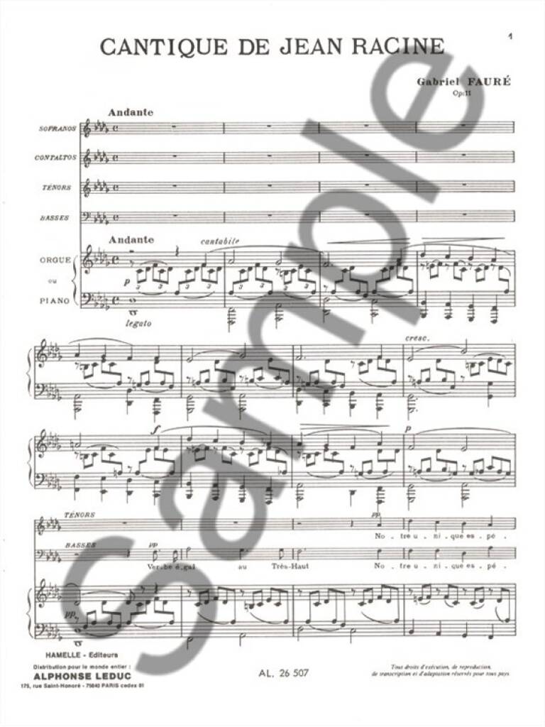 Cantique De Jean Racine Op. 11 Choeur & Piano - Faure